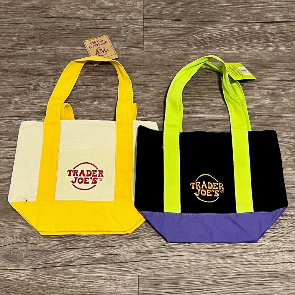 2 New Yellow & Halloween Purple Green Trader Joe’s Mini Canvas Tote Lunch Bags